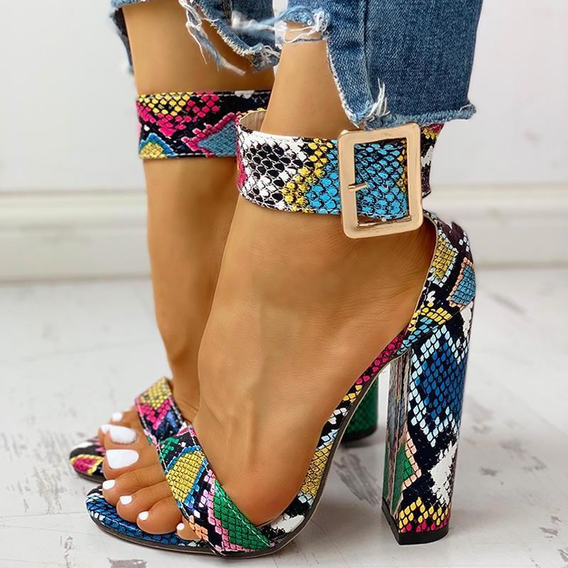 Women peep toe buckle ankle strap printed chunky heels