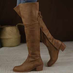 Women over the knee boots back lace up faux suede chunky heel boots with zipper