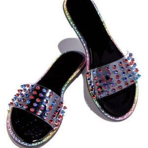 Women clear strap rainbow flat heel slide studded sandals