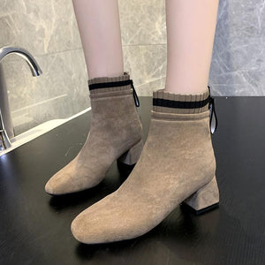 Women square toe back zipper chunky heel short boots