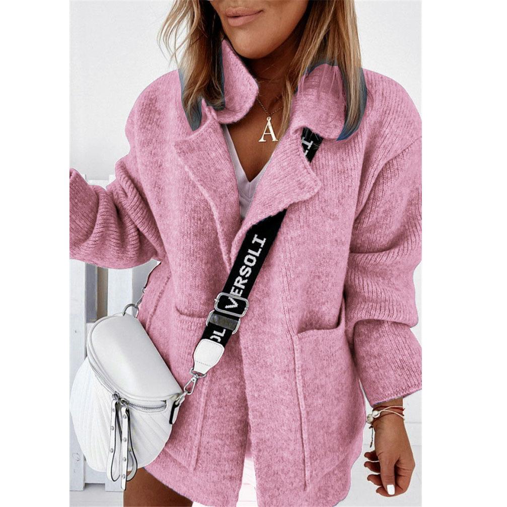 Women long sleeve v neck solid color pocket knitted cardigan