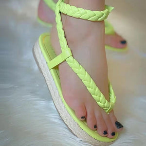 Women woven ankle buckle strap espadrille thick sole flat sandals
