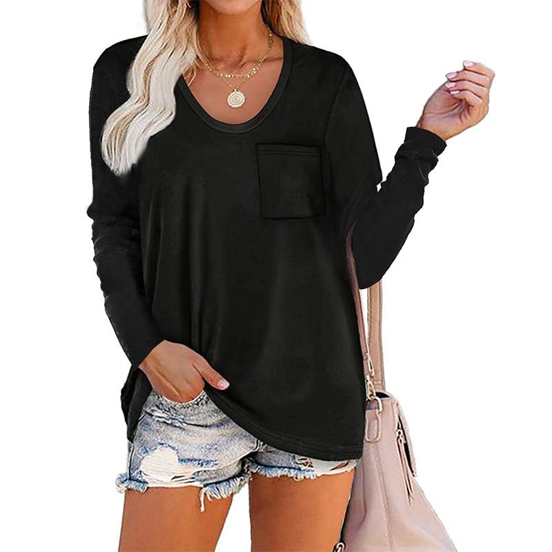 Women solid color crew neck long sleeve tops with pocket