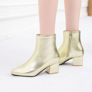 Women fashion solid color chunky heel side zipper ankle boots