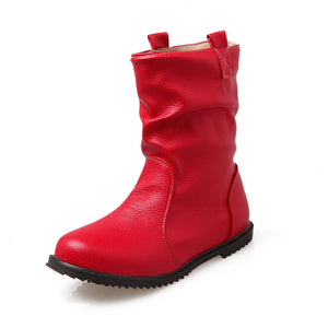 Women round toe solid color slip on mid calf boots