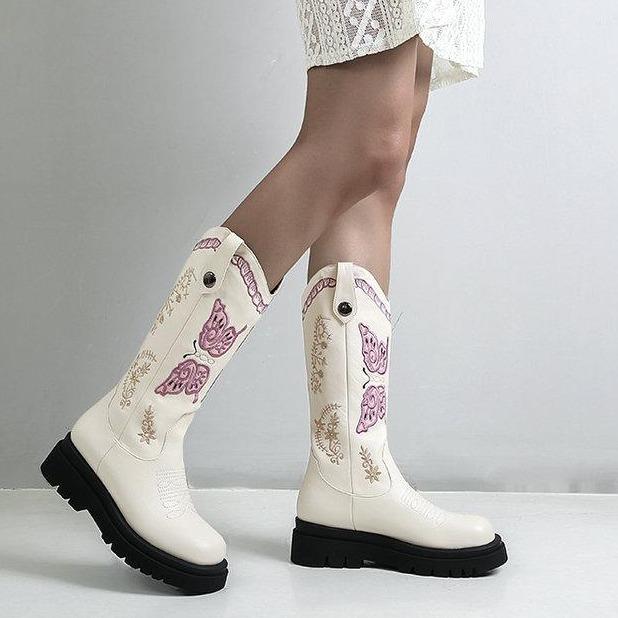 Women platform embroidered butterfly mid calf retro cowboy boots