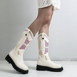 Women platform embroidered butterfly mid calf retro cowboy boots