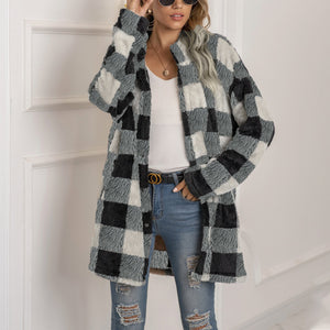 Women winter fall long sleeve color block plaid cardigan