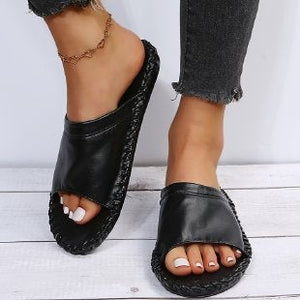 Women solid color peep toe stitching slide flat sandals