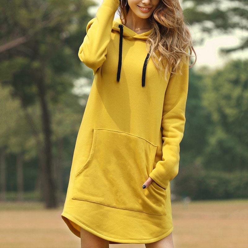 Women solid color long sleeve drawstring hoodie sweatshirt with pocket