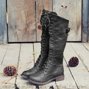 Women biker chunky heel lace up knee high boots