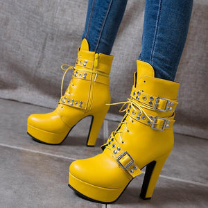 Women studded lace up buckle strap platform block heel combat boots