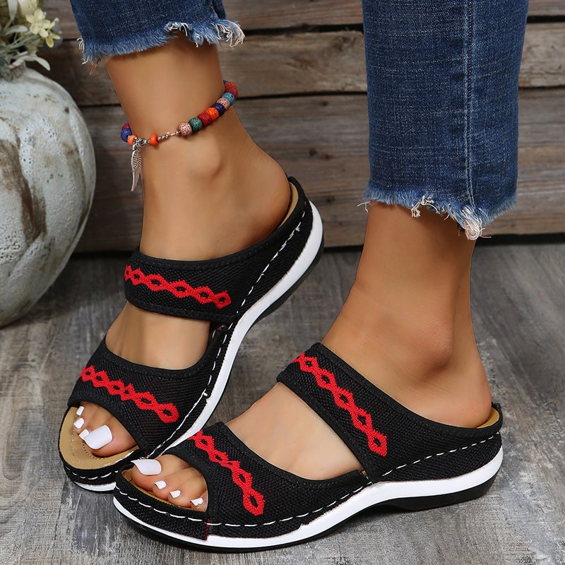 Women embroidered two strap peep toe slide sandals