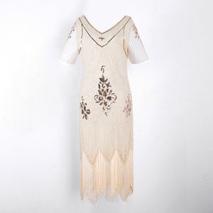 Lady's vintage 1920s sequins costume midi dress | Premium luxury retro tassels party dress
