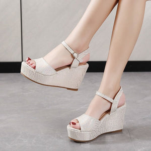 Women peep toe fashion print buckle strap wedge platform sandals