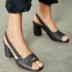 Women peep toe woven strap slingback slip on heel sandals