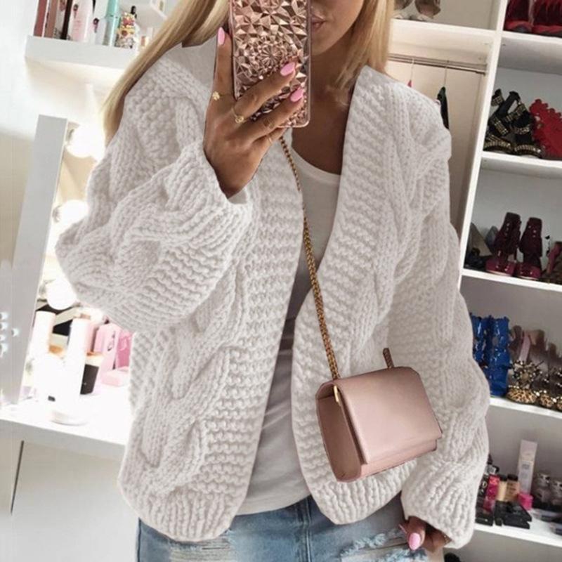 Women hooded knitted long sleeve chunky short cardigan