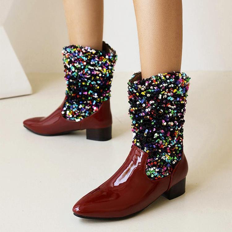 Women fashion colorful sequin pointed toe chunky heel mid calf boots