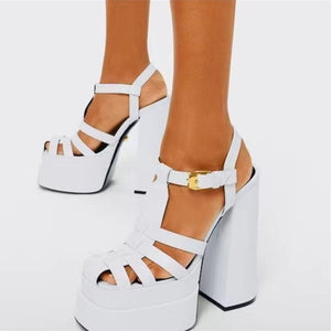 Women square toe platform hollow strap slingback chunky high heels