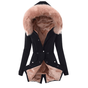 Women thick faux fur collar hooded slim fit winter coat