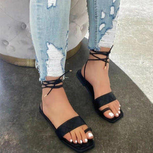 Women ring toe strap flat strappy lace up sandals