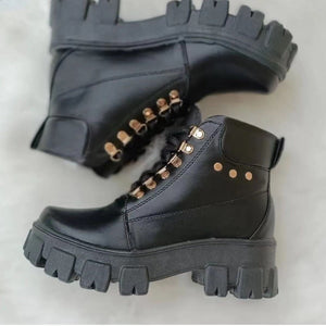 Women chunky platform boots | Non slip studded ankle boots | Round toe lace up boots