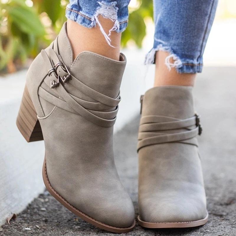 Women criss cross buckle strap chunky heel ankle boots