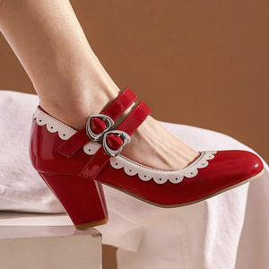 Women fashion round closed toe buckle strap chunky heels