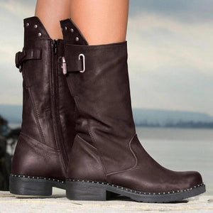 Women square low heel studded mid calf motorcycle boots