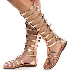 Women's peep toe knee high gladiator sandals | Retro flat strappy sandals