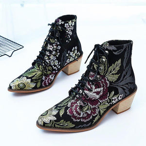 Retro fashion floral embroidered boots pointed toe lace-up ankle boots