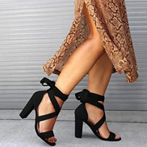 Women chunky heel open toe criss cross strappy lace up heels