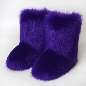 Women faux fur winter mid calf flat snow boots