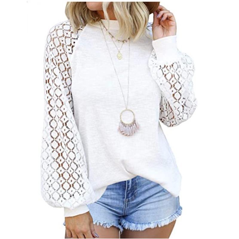 Women lace flower long sleeve crew neck white top