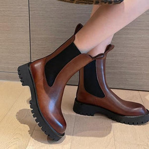 Women chunky platform round toe slip on short boots