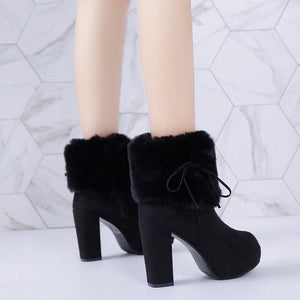 Women winter warm faux fur bowknot chunky high heeled platform booties