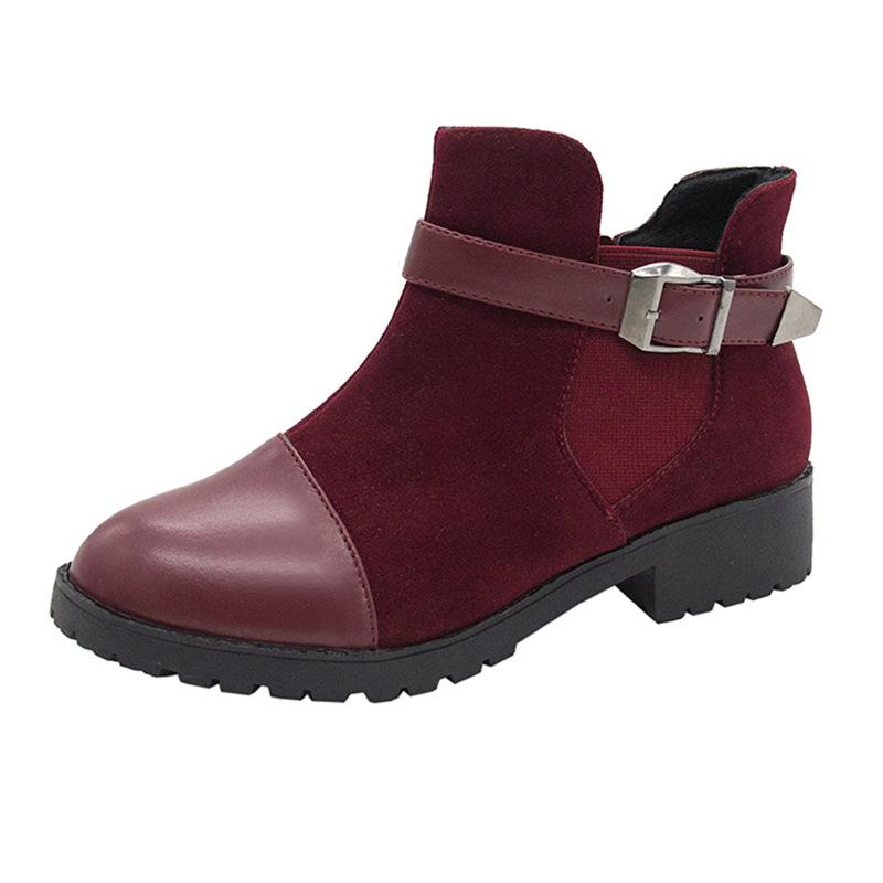 Women color block buckle strap chunky heel ankle boots