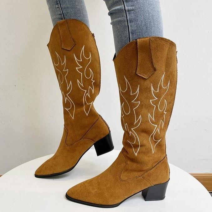 Women chunky heel embroidered mid calf cowboy boots