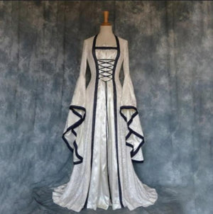 Vintage Medieval trumpet sleeves front strappy lace up maxi dresses costume dress