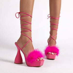 Women platform chunky heel solid color faux fur strappy heels