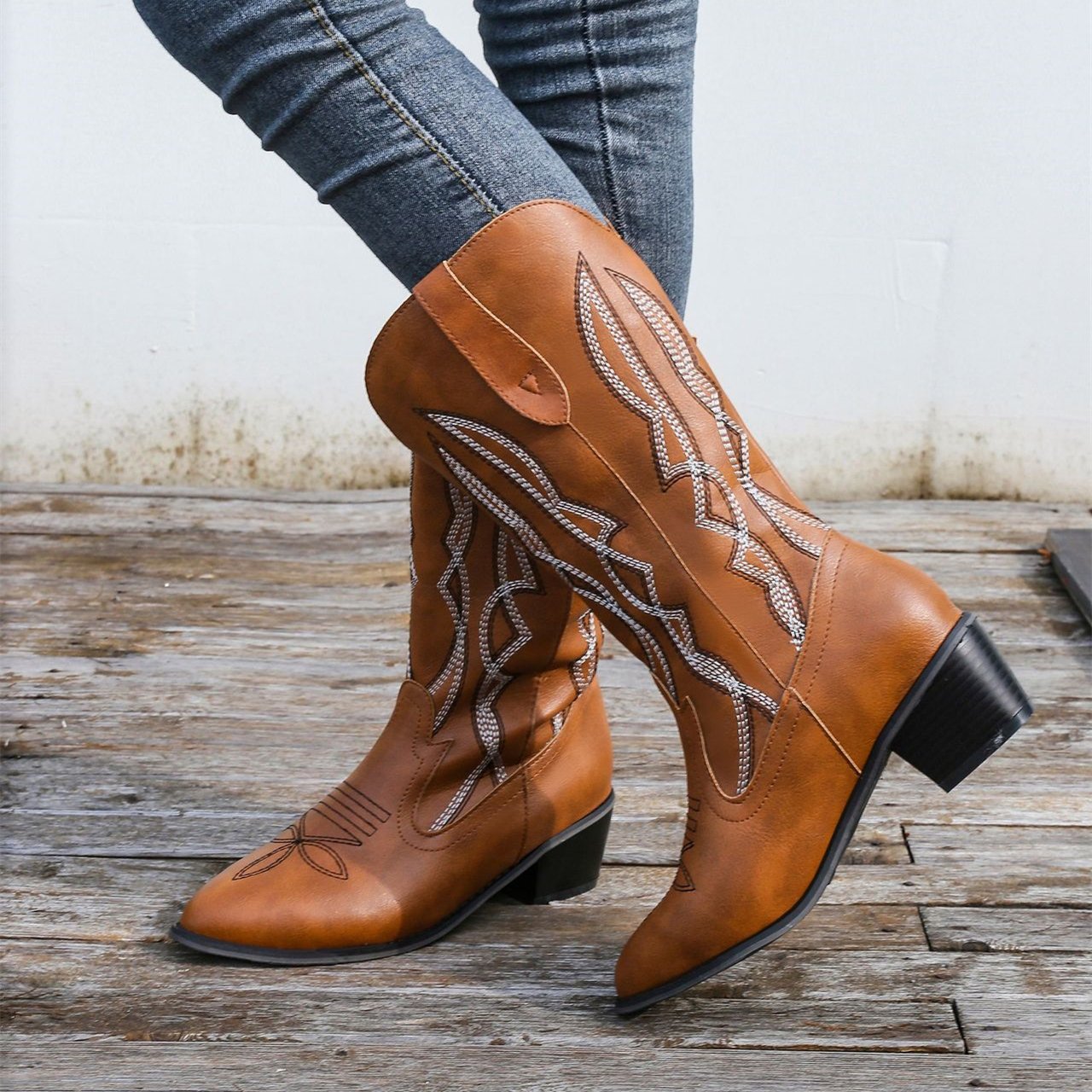 Women fashion embroidered pointed toe chunky heel mid calf boots