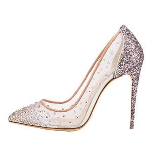 Women mesh breathable clear pointed toe stiletto high rhinestone heels
