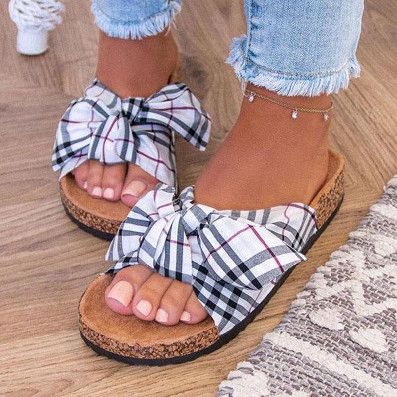 Women summer grid bow strap slide flat sandals