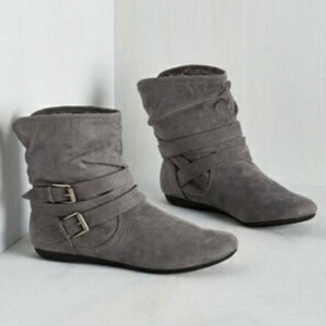 Women winter lining faux fur double buckle strap short flat boots