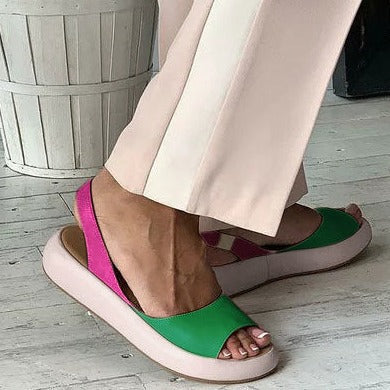 Women color block strap peep toe slingback flat sandals