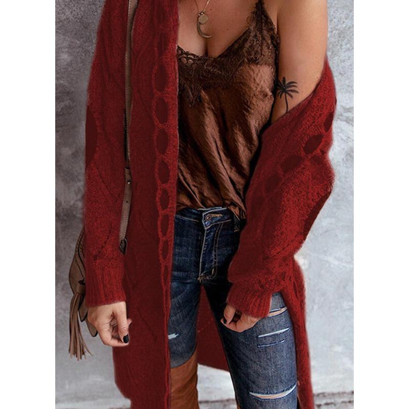 Women hooded patterned long sleeve knitted long cardigan