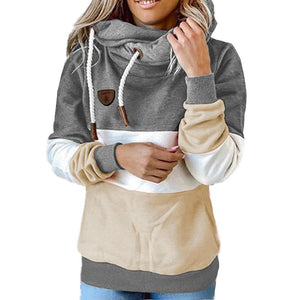Women color block turtleneck winter fall drawstring hoodie sweatshirt