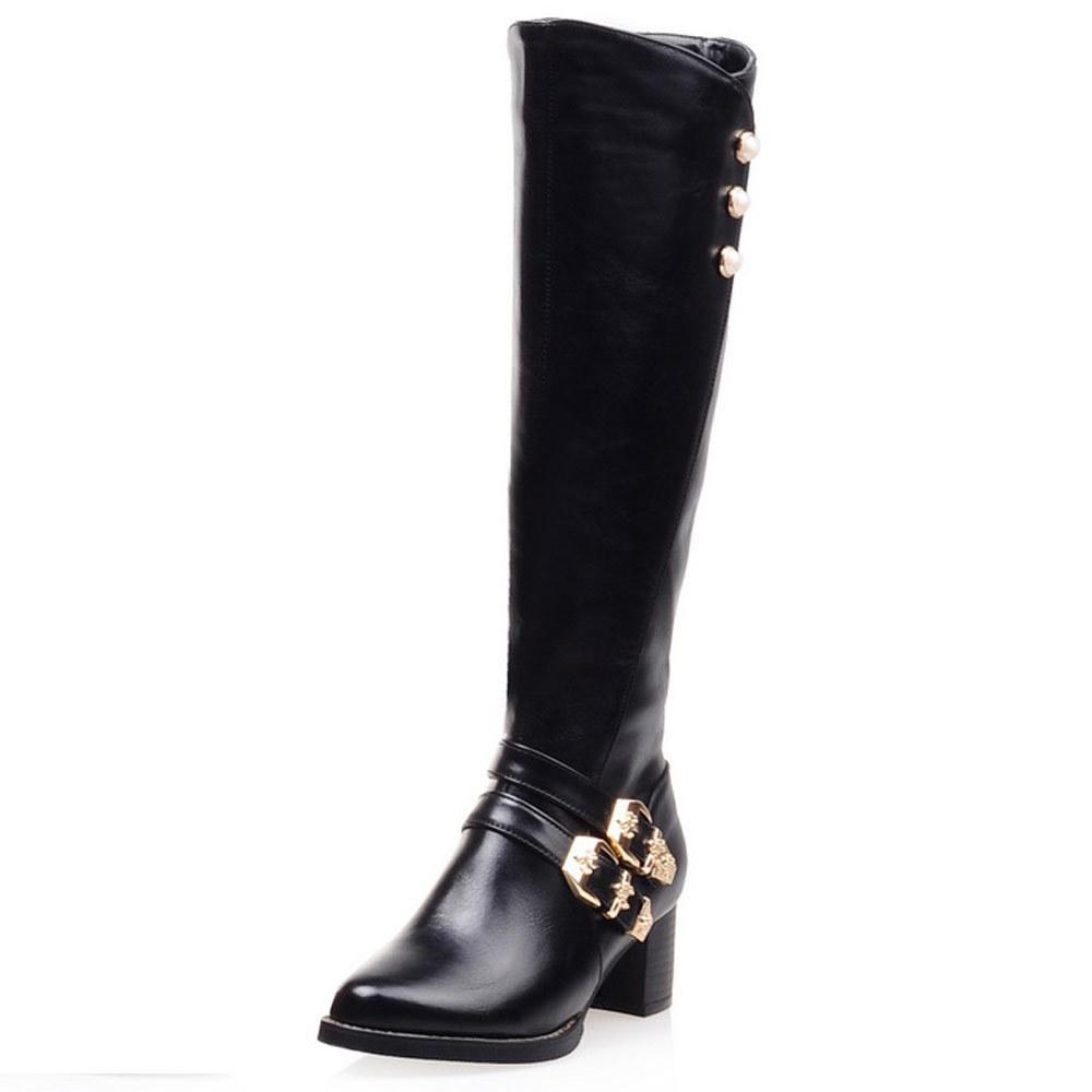 Women chunky heel buckle strap rhinestone knee high boots