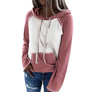 Women color block long sleeve drawstring hoodie sweatshirt