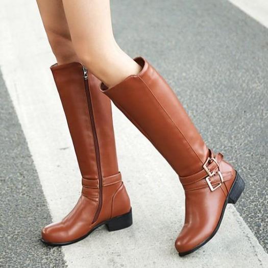 Women knee high side zipper buckle strap solid color motorcycle boots